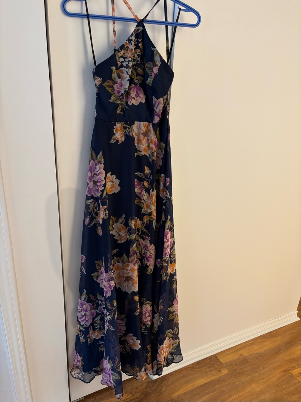 Lulu's Navy Floral Halter Maxi Dress with Purple & Yellow Blooms